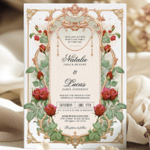 Invitación a la boda floral del Art Nouveau rojo d