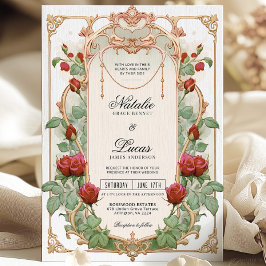 Invitación a la boda floral del Art Nouveau rojo d