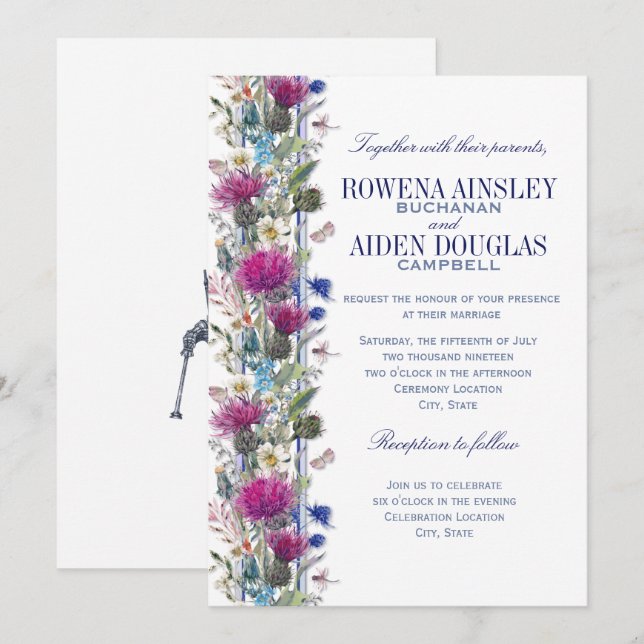 Invitación a la boda floral del cardo escocés (Anverso / Reverso)
