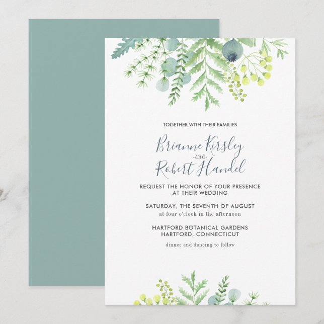 Invitación a la boda floral del follaje Eucalyptus (Anverso / Reverso)