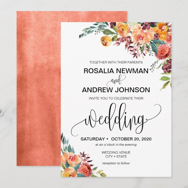 Invitación a la boda floral del Naranja Borgoña de (Anverso / Reverso)
