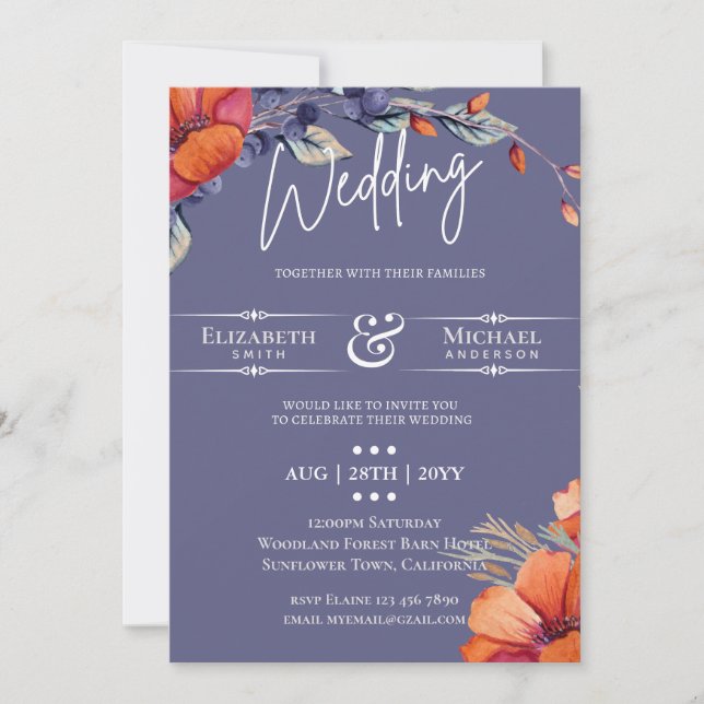 Invitación a la boda floral del Naranja de Lavanda (Anverso)