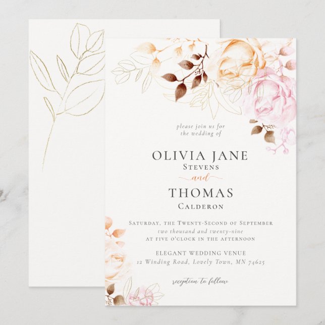 Invitación a la boda floral del Naranja de Rubor d (Anverso / Reverso)