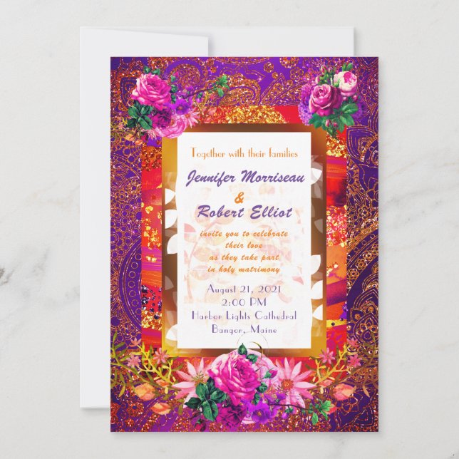 Invitación a la boda floral del Naranja púrpura Pa (Reverso)