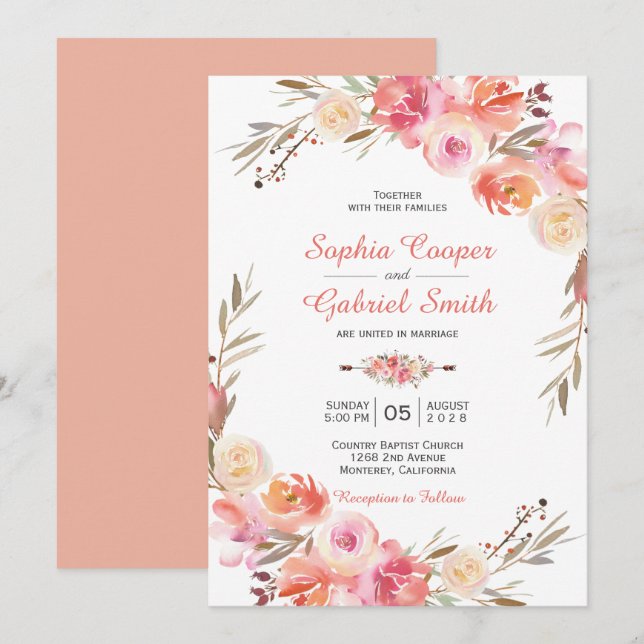 Invitación a la boda floral del Rosa de la rosa pa (Anverso / Reverso)