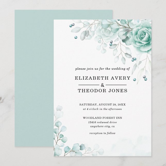 Invitación a la boda floral del sabio turquesa (Anverso / Reverso)