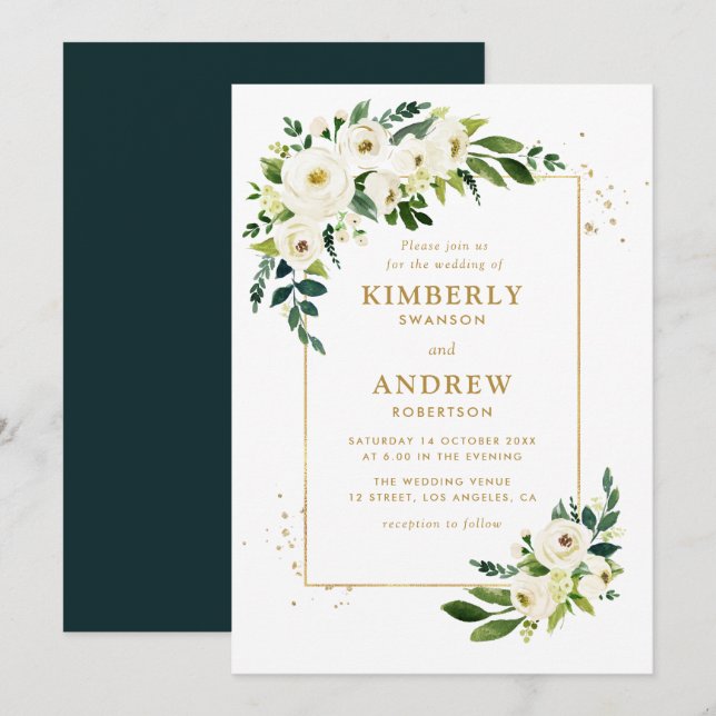 invitación a la boda floral dorada y verde (Anverso / Reverso)