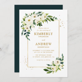 invitación a la boda floral dorada y verde