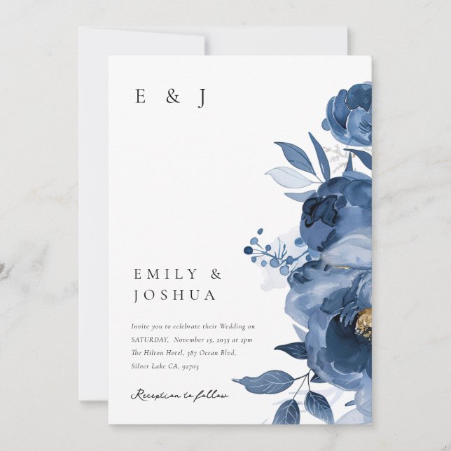 Invitación a la boda floral Dusky Blue Gold (Anverso)