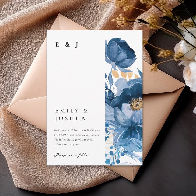 Invitación a la boda floral Dusky Blue Gold (Subido por el creador)