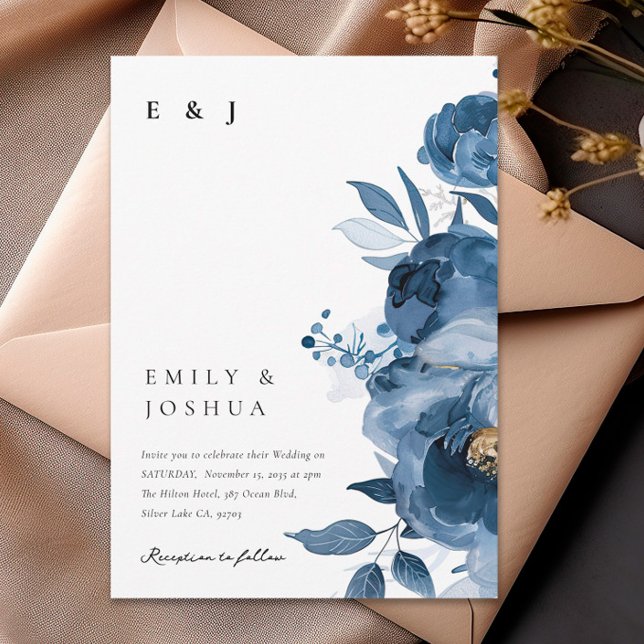 Invitación a la boda floral Dusky Blue Gold (Subido por el creador)