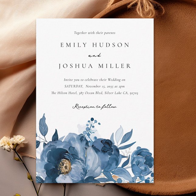 Invitación a la boda floral Dusky Blue Gold (Subido por el creador)