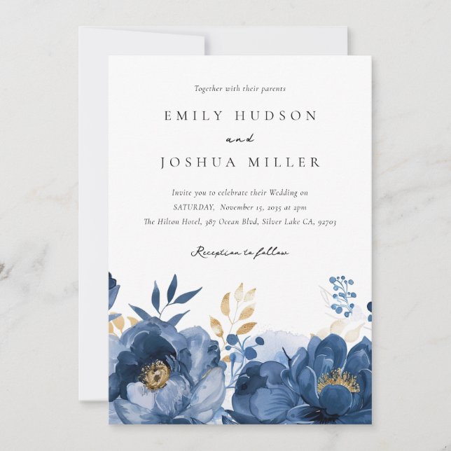 Invitación a la boda floral Dusky Blue Gold (Anverso)