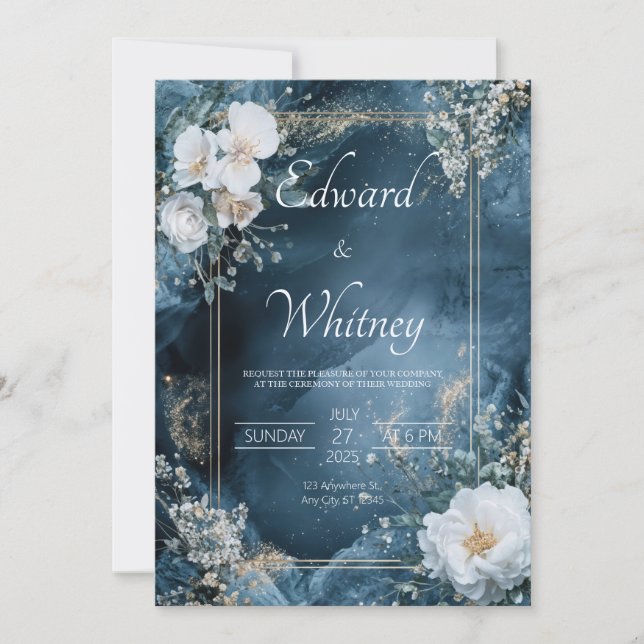 Invitación a la boda floral Dusty Blue & Gold (Anverso)