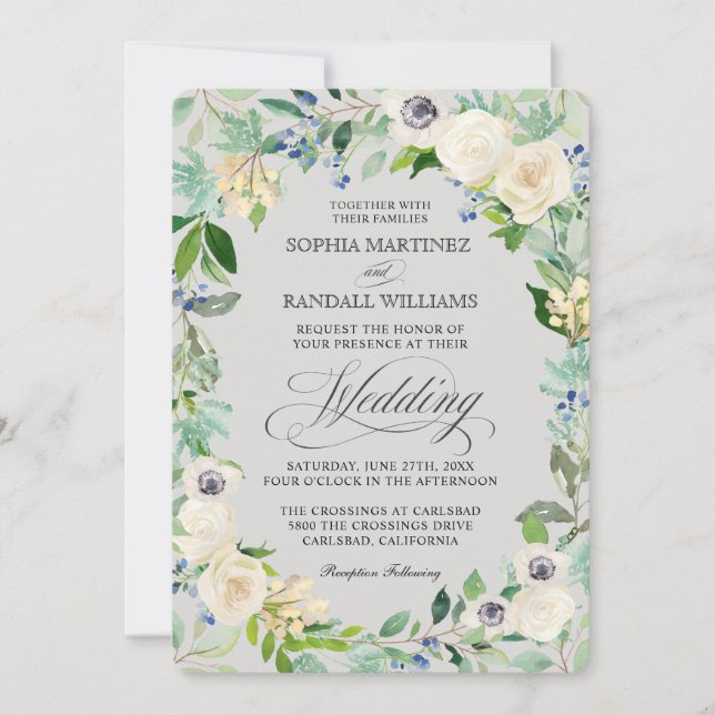 Invitación a la boda floral elegante de Rosas Blan (Anverso)