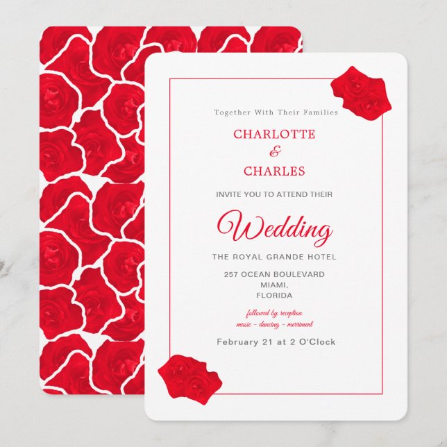 Invitación a la boda floral elegante de Roses Rojo (Anverso / Reverso)