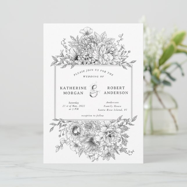 invitación a la boda floral elegante, en blanco y  (Anverso de pie)