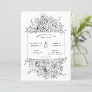 invitación a la boda floral elegante, en blanco y 