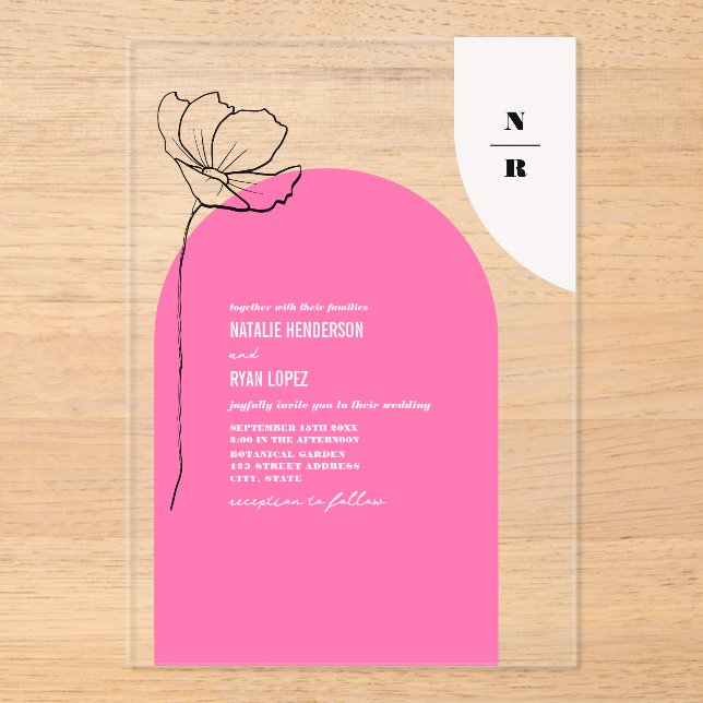 Invitación a la boda floral en arco rosado monogra (Anverso)