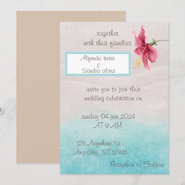 invitación a la boda floral en beige y bleu (Anverso / Reverso)