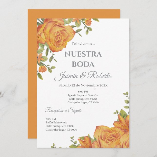 Invitación a la boda floral en español (Anverso / Reverso)