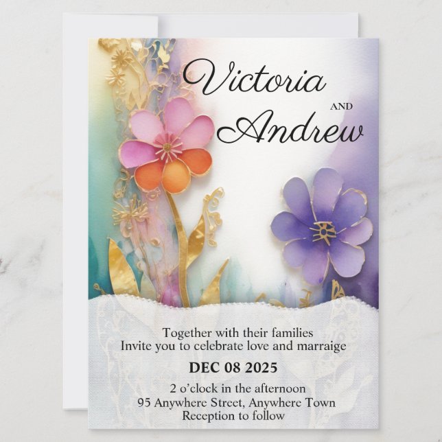 Invitación a la boda floral en negrita (Anverso)