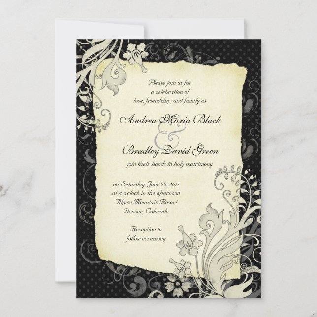 Invitación a la boda floral en negro y marfil (Anverso)