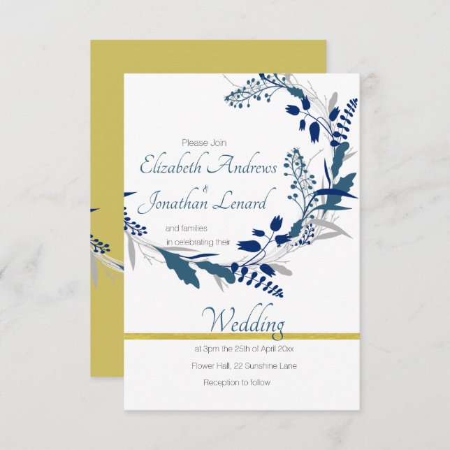 Invitación a la boda floral en oro y azul (Anverso / Reverso)