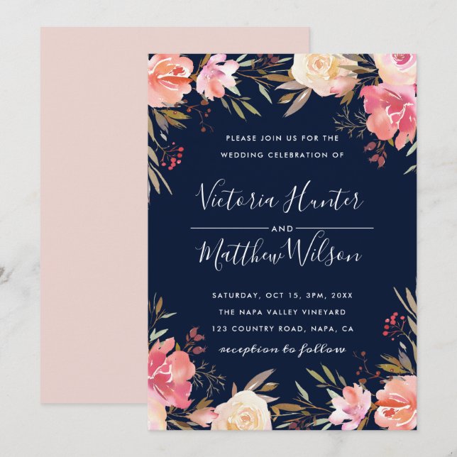 Invitación a la boda floral en Rubor Bloom | Azul  (Anverso / Reverso)