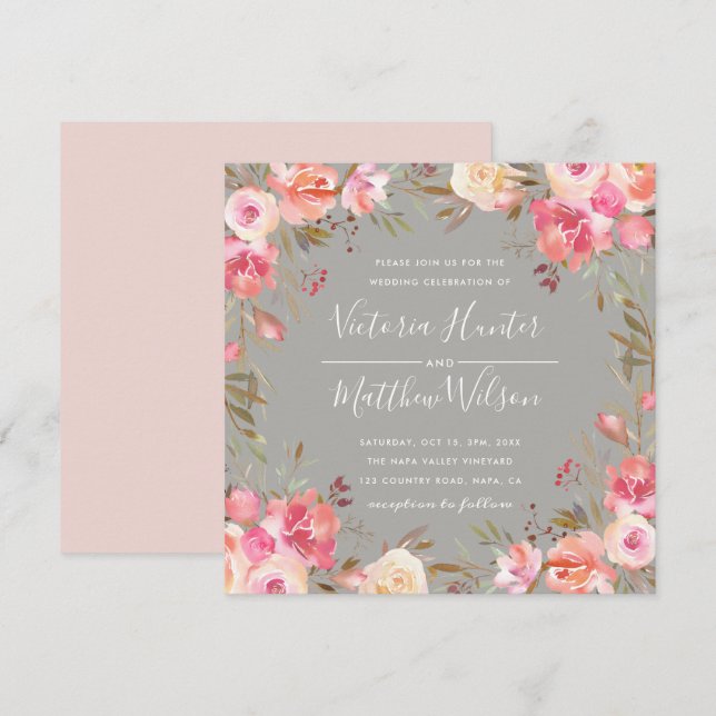 Invitación a la boda floral en Rubor Bloom | Gris (Anverso / Reverso)