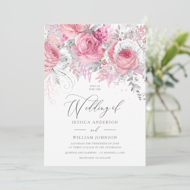 Invitación a la boda floral encantada de plata y r (Anverso de pie)