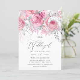 Invitación a la boda floral encantada de plata y r