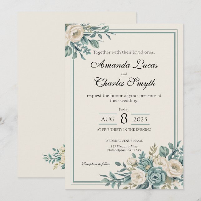 Invitación a la boda floral formal ligera (Anverso / Reverso)