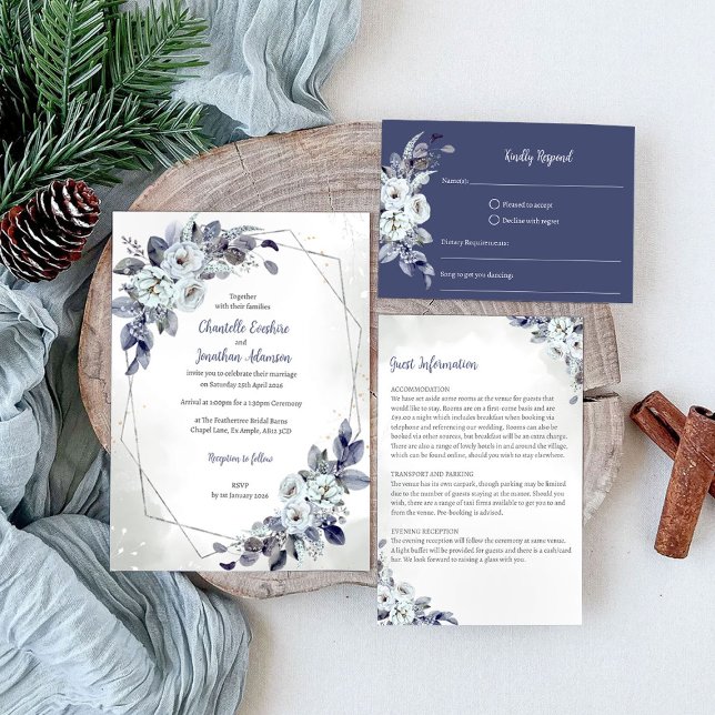 Invitación a la boda floral geométrica azul (Subido por el creador)