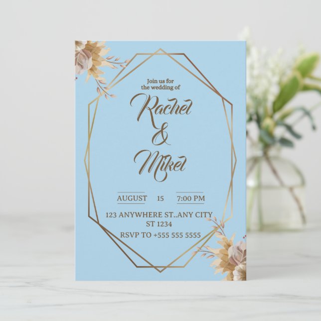 Invitación a la boda floral geométrica con oro (Anverso de pie)