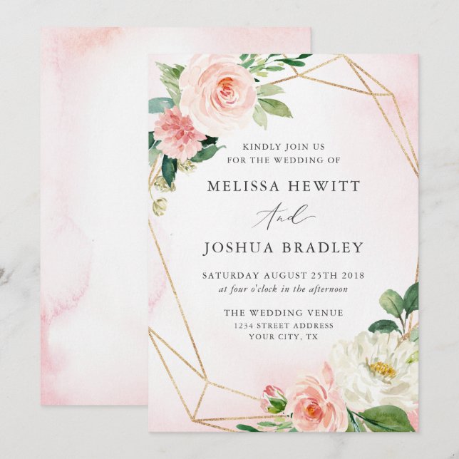Invitación a la boda floral geométrica rosa y dora (Anverso / Reverso)