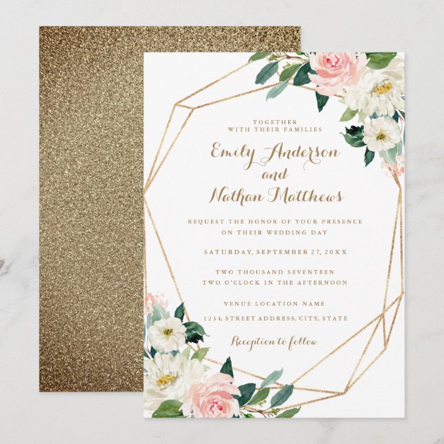 Invitación a la boda floral Gold Geométrica Rubor (Anverso / Reverso)