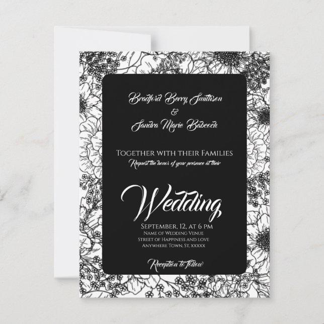 Invitación a la boda floral gótica negra y blanca (Anverso)