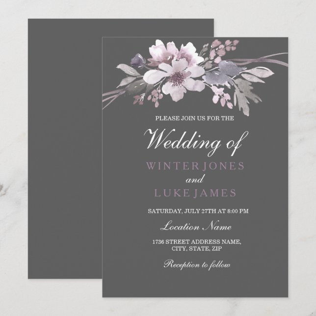 Invitación a la Boda Floral Gris Gris de Invierno (Anverso / Reverso)