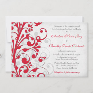 Invitación a la boda floral gris-gris de plata roj