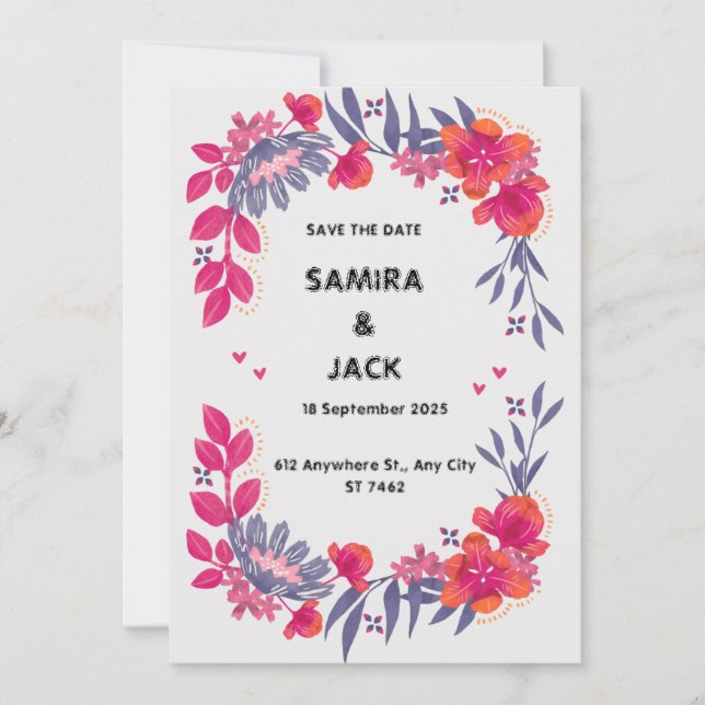 Invitación a la boda floral gris roja (Anverso)