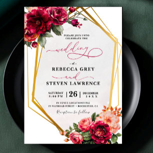 Invitación a la boda floral gris-roja de moda