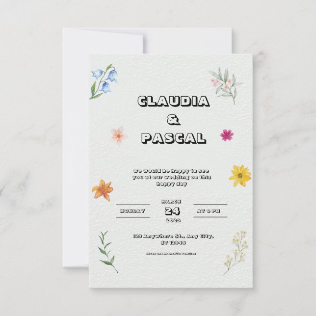 Invitación a la boda floral ilustrada en beige (Anverso)