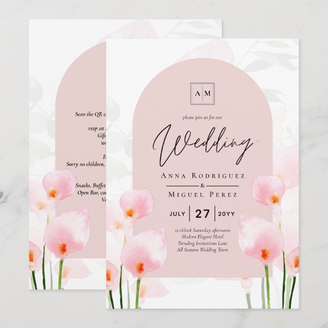 Invitación a la boda floral LeahG Pink Calla Lily (Anverso / Reverso)