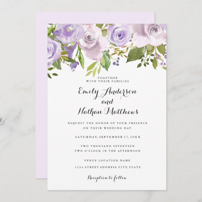 Invitación a la boda floral Lilac Purple Watercolo (Anverso / Reverso)
