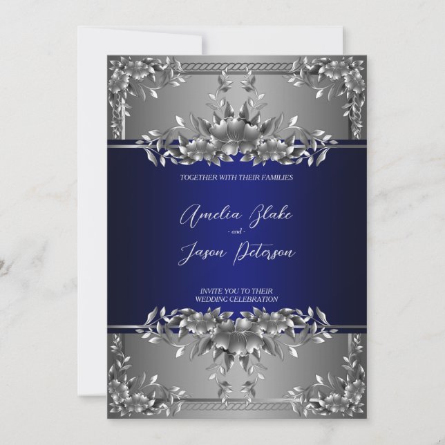 Invitación a la boda floral lujosa de plata tallad (Anverso)