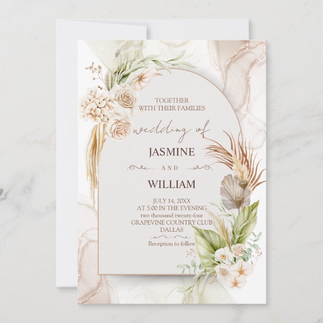 Invitación a la Boda Floral Marrón Y Crema (Anverso)