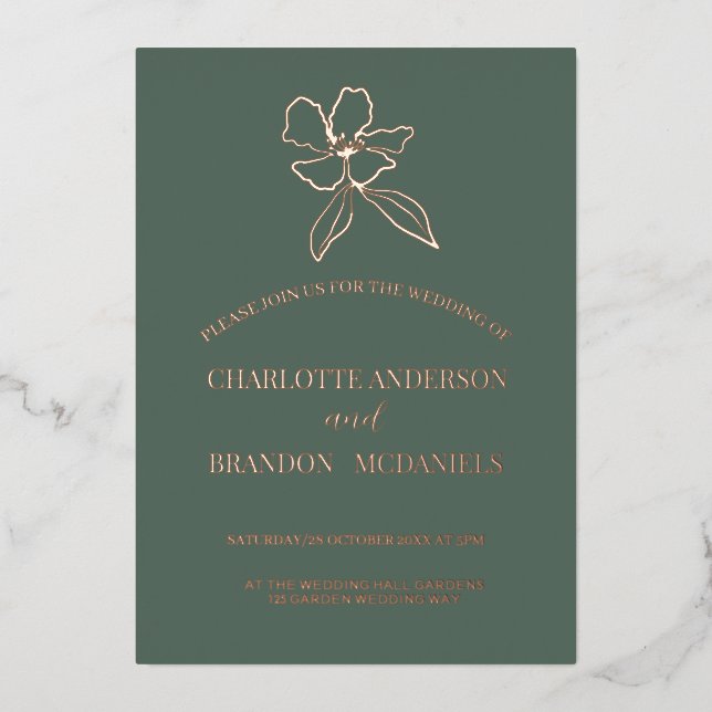 Invitación a la boda floral mínima verde forestal (Anverso)