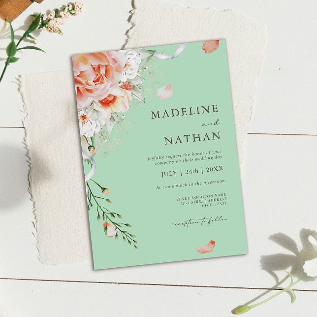 Invitación a la Boda Floral Mint Green & Peach (Subido por el creador)