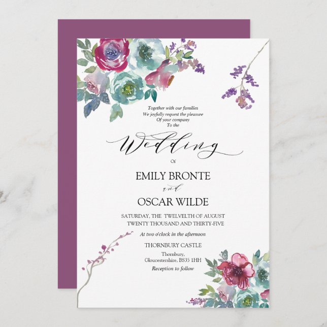 Invitación a la boda floral Mint y Mauve (Anverso / Reverso)
